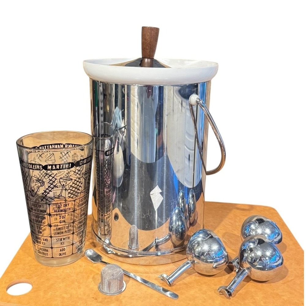 Vintage Kromex Chrome Ice Bucket Set with Recipe Shaker Glass and Pourers‎ USA